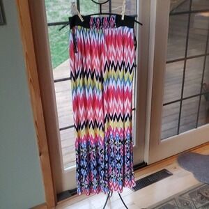 Womens Multi Color Chevron Ikat Wide Leg Palazzo Pants Elastic Waist Pockets OS